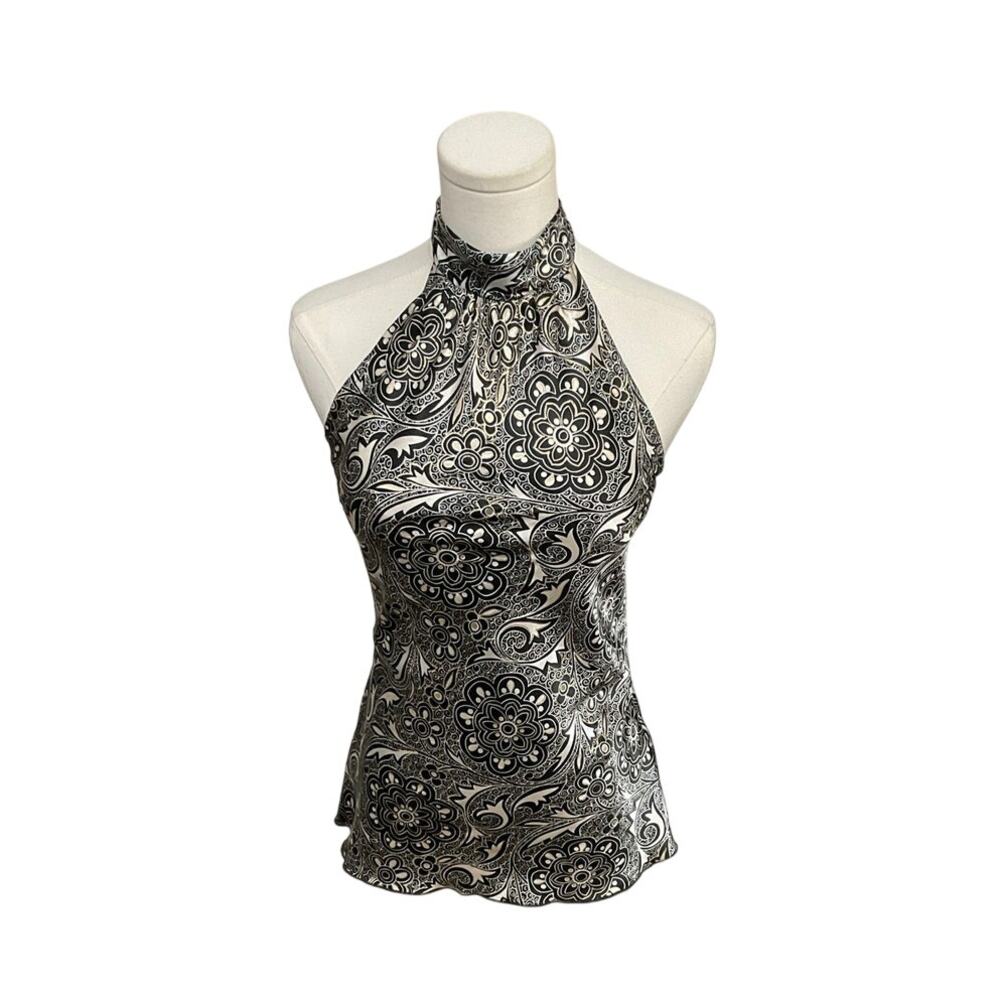 VTG Y2K BCX Metallic Halter Top Floral Brocade Tie Neck Small Fairy Grunge Retro